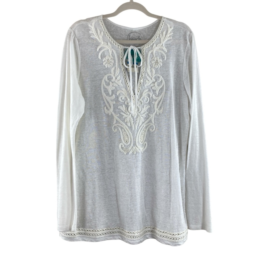 INC INTERNATIONAL CONCEPTS BEACH White Sequined‎ Embroidered Tie Front Tunic XL